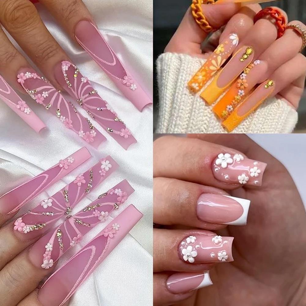 Breloques pour ongles en acrylique 3D, 12 grilles (avec perles en acier), fleurs colorées à cinq pét
