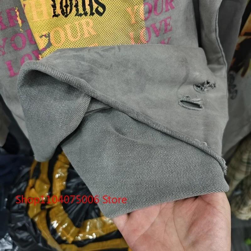 Saint col rond sweat Vintage imprimé trous en détresse lavé délavé unisexe surdimensionné vêtements 