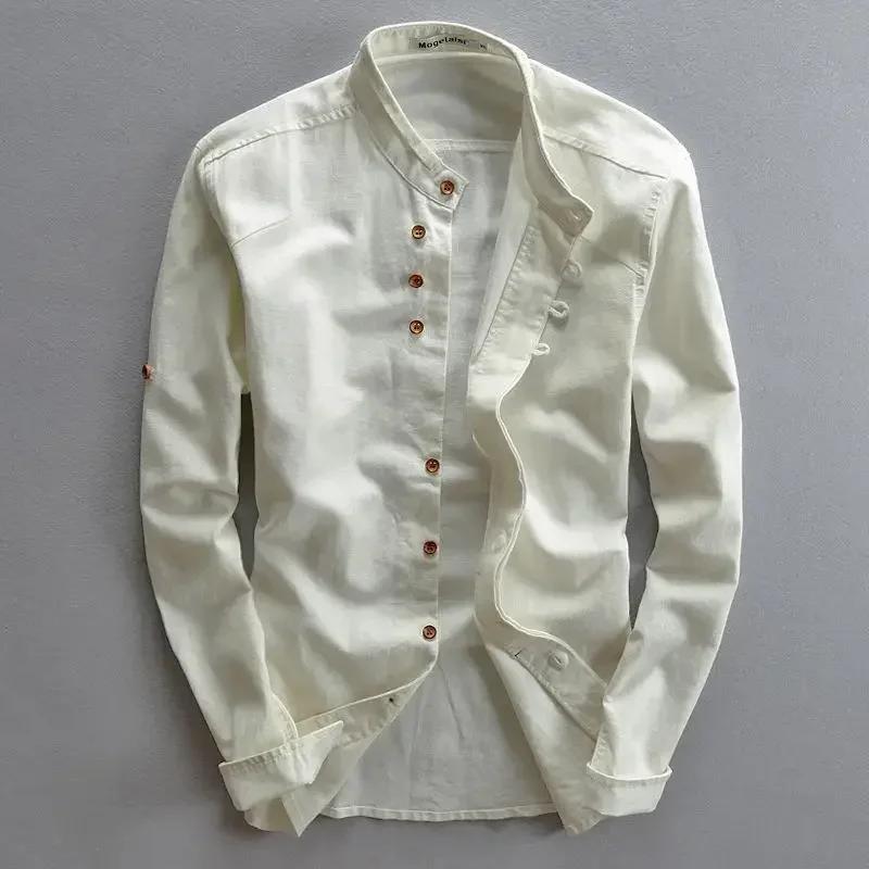 Chemise en lin de coton décontracté pour hommes, chemises à manches longues rétro formelles pour hom