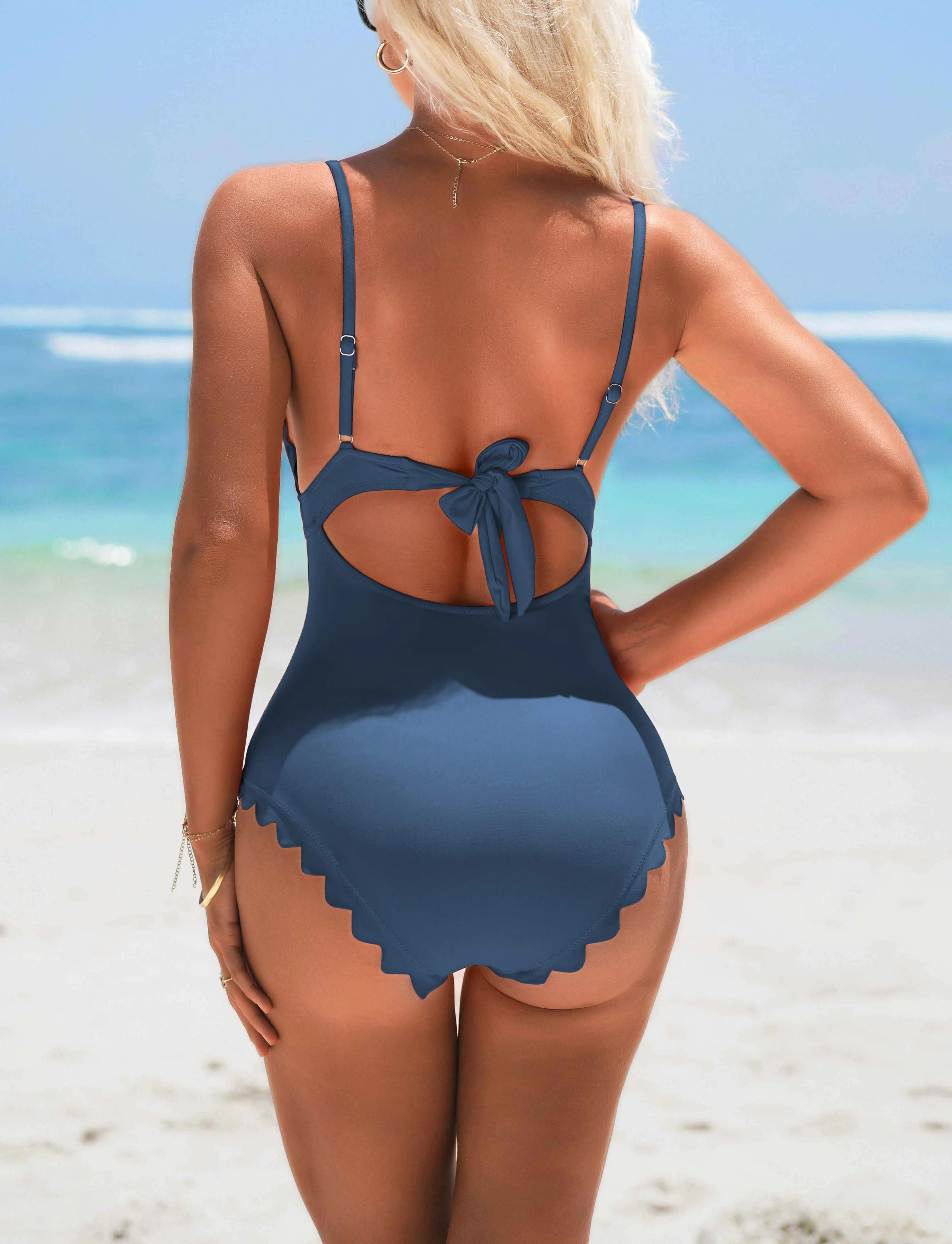 Anfilia femmes mode une pièce maillot de bain solide festonné garniture haute élastique avec amovibl