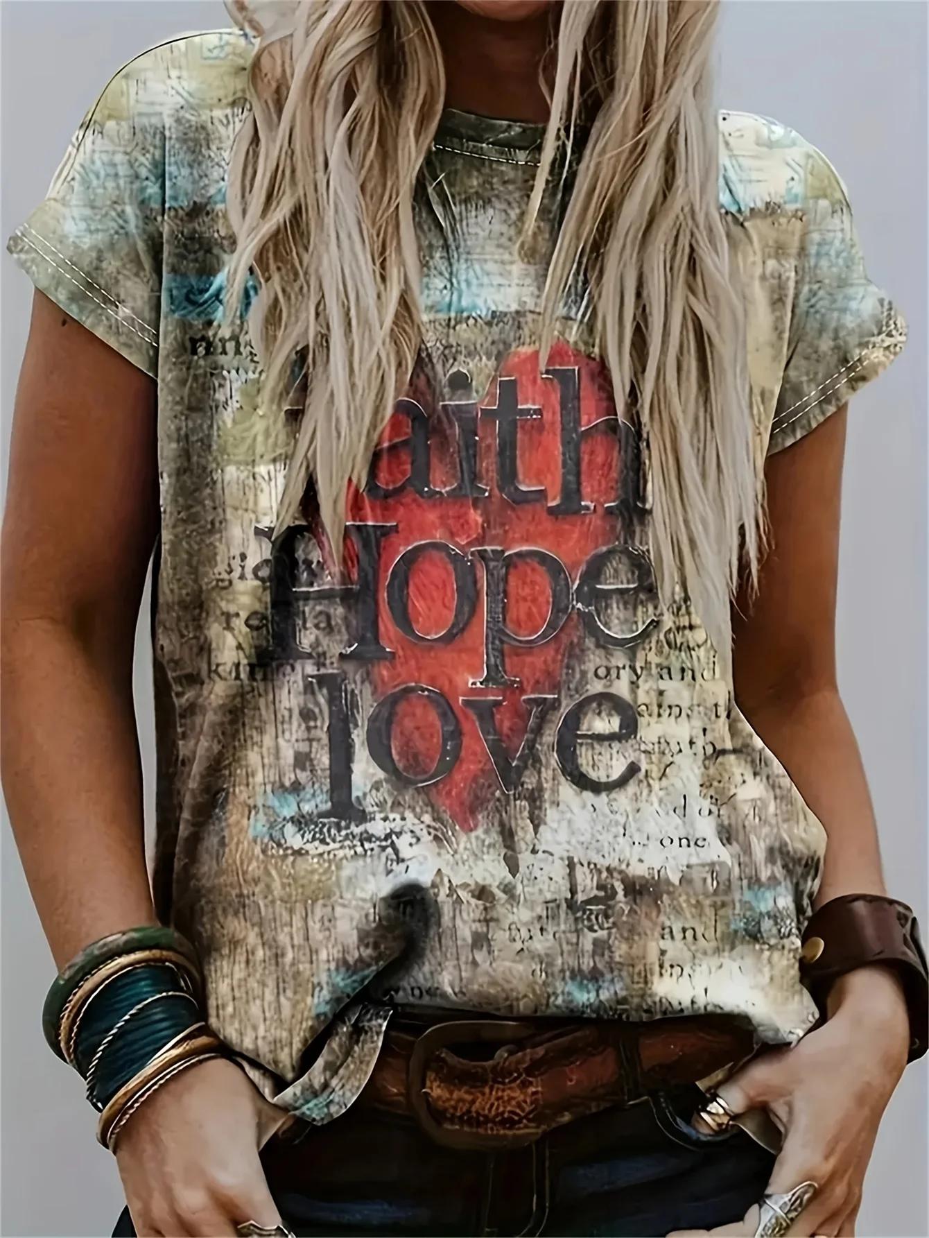 T-shirt vintage pour femme - Imprimé « Foi, Espérance, Amour » et motif cœur, design rustique et ins