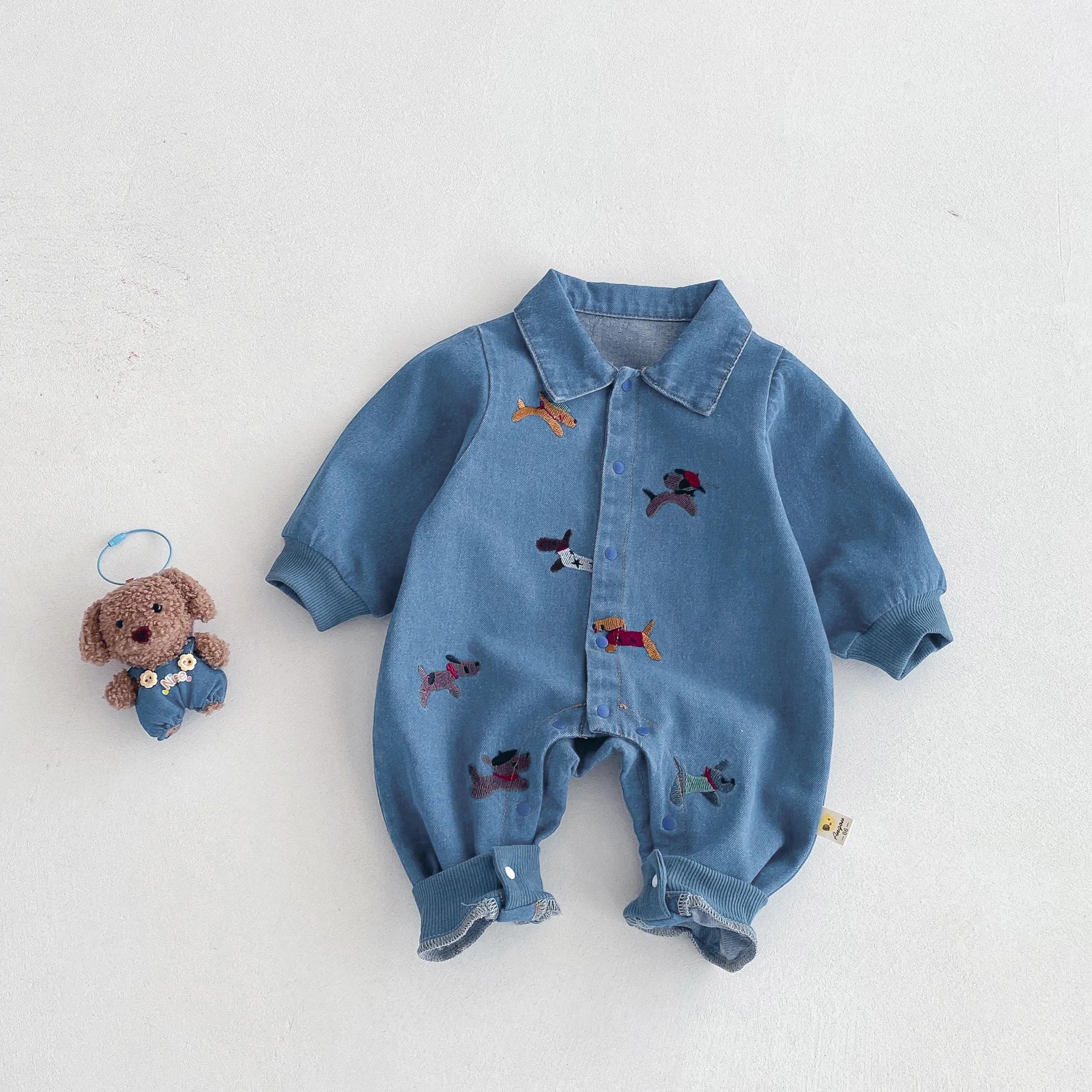 Costume une pièce pour bébé, vêtements d'automne en denim, vêtements rampants d'extérieur brodés pou