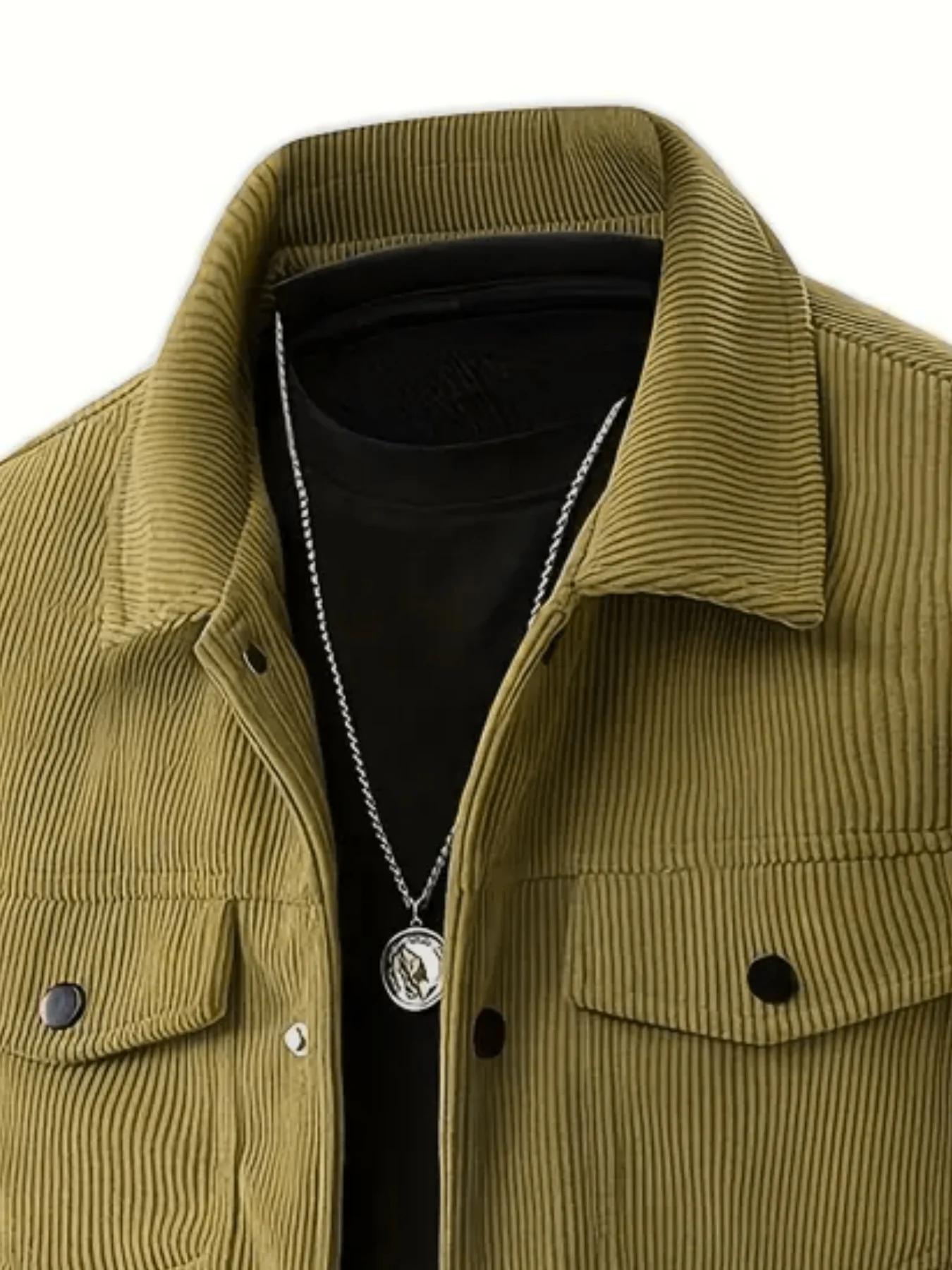 Veste en velours côtelé pour homme, col rabattu, boutons, poche poitrine, style décontracté vintage 