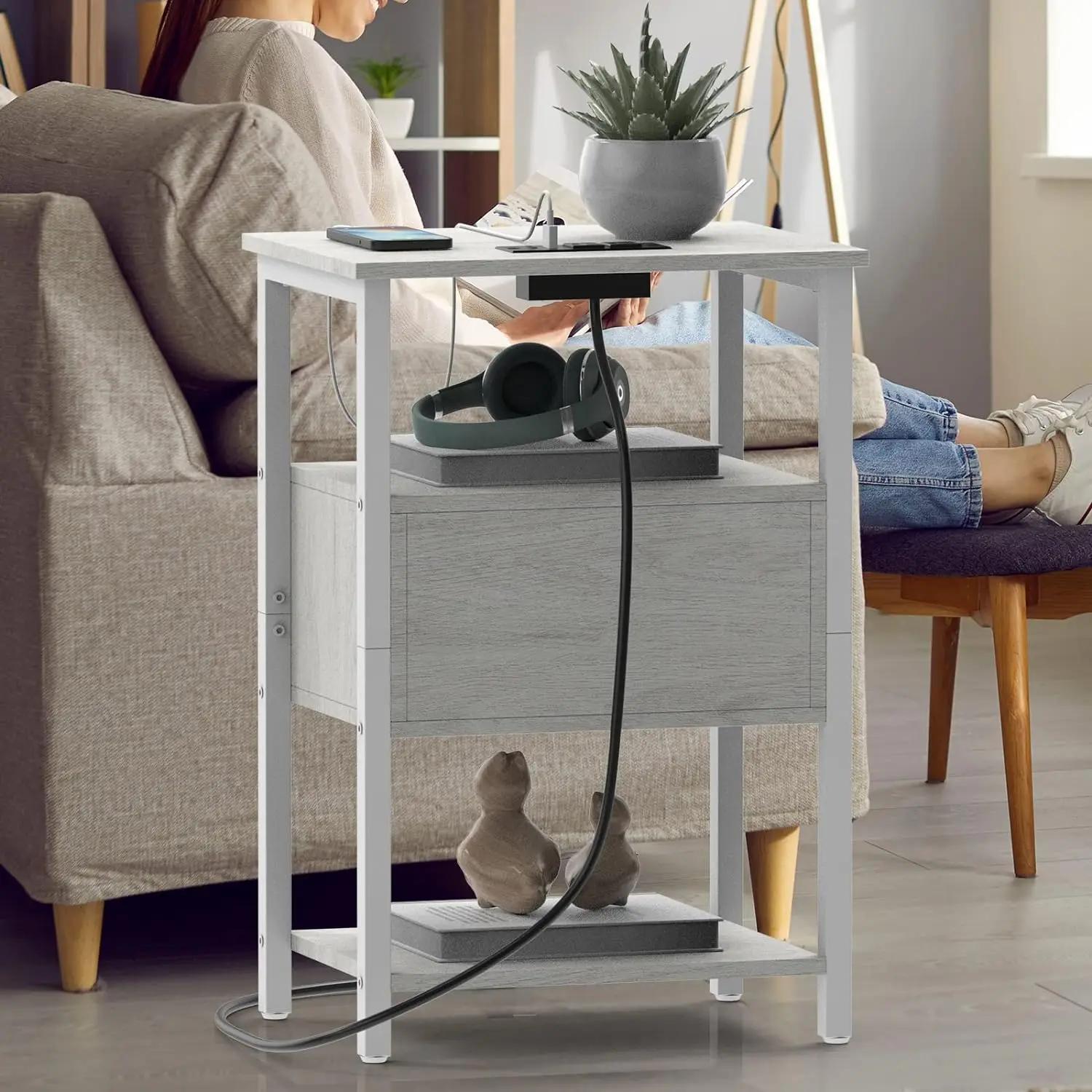Ensemble de table de chevet avec station de charge, rangement à rabat, table de chevet pour chambre 