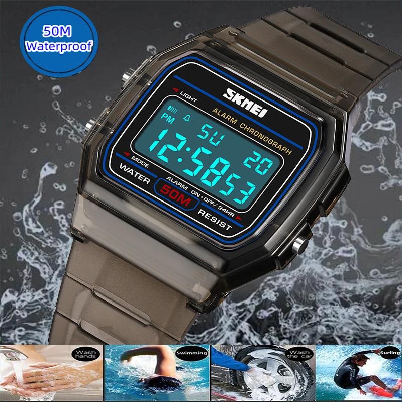 Skmei-Montres numériques étanches pour femmes, boîtier transparent, bracelet en TPU, LED, montre-bra