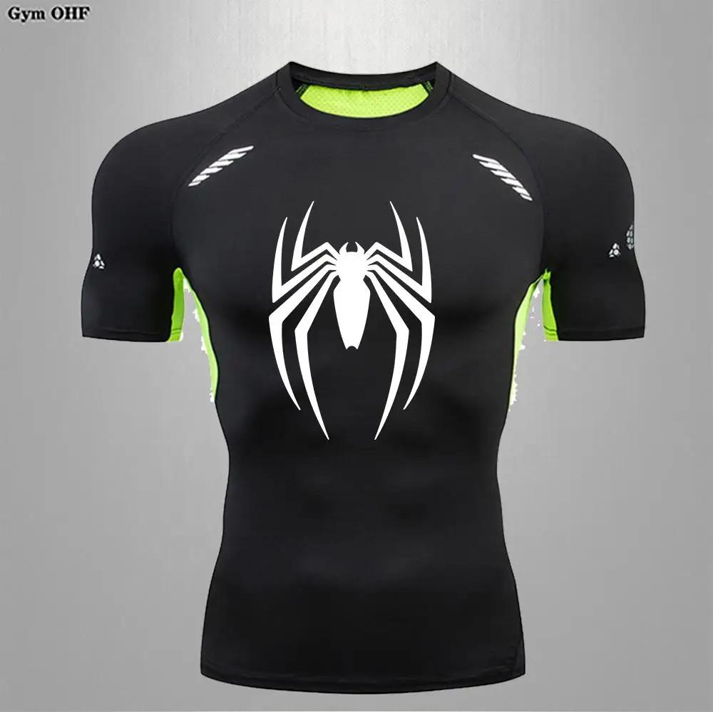 T-shirt compression imprimé Spider pour hommes - Rashguard manches courtes MMA et musculation