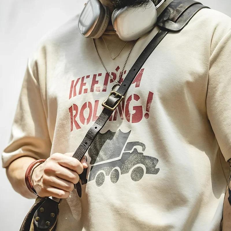 Maden Maden été hommes Beige manches courtes T-Shirts Vintage Graffiti lettre voiture impression T-S