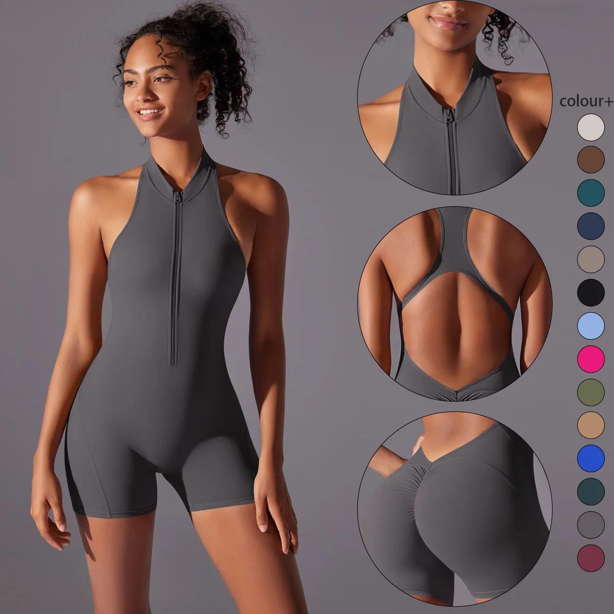 Body yoga femme séchage rapide - Combinaison zippée ajourée - Ensemble sport couleur unie