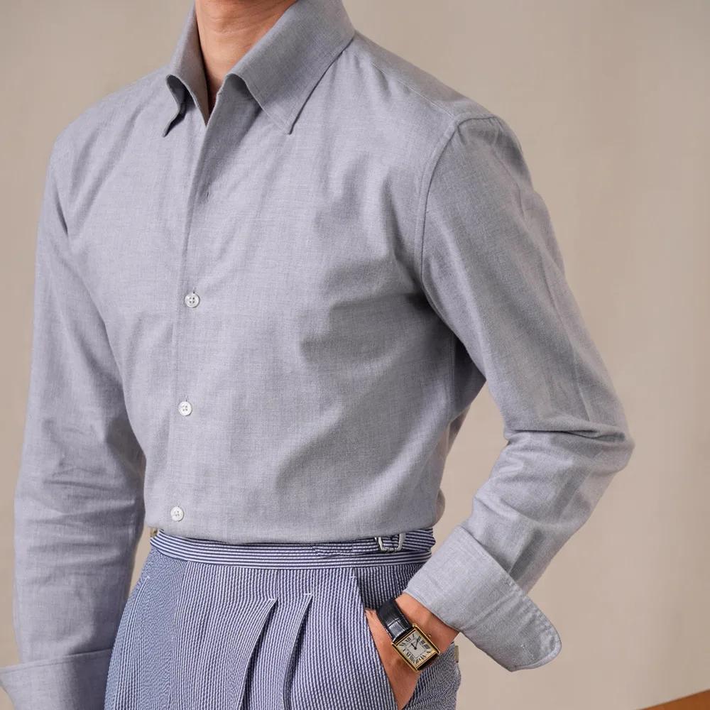 Chemise Homme Formelle 100% Coton Mélangé Style Italien Col Uni Manches Longues 2026 Décontractée Ca