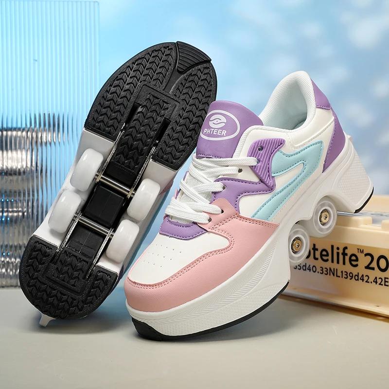 Chaussures à roulettes pour enfants avec 4 roues, patins à roulettes, chaussures de parkour déformab