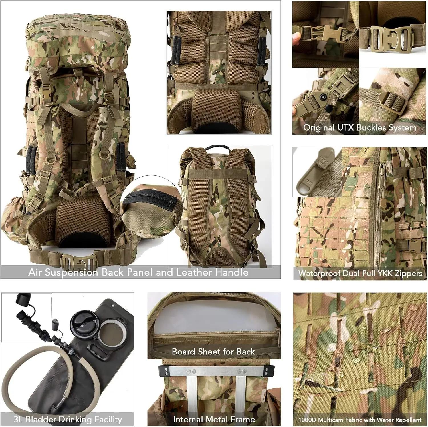 Sac à dos tactique militaire ILBE 120L imperméable 1000D avec pochette hydratation et radio camouflage