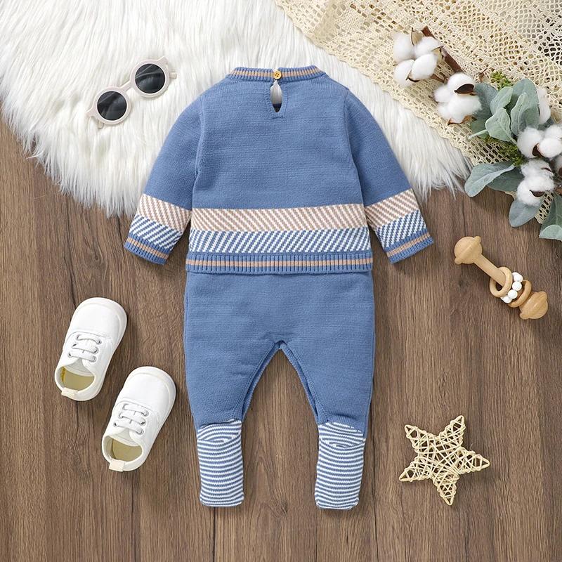 Barboteuse bleue en tricot à manches longues pour bébé, combinaisons pour nouveau-né garçon, combish