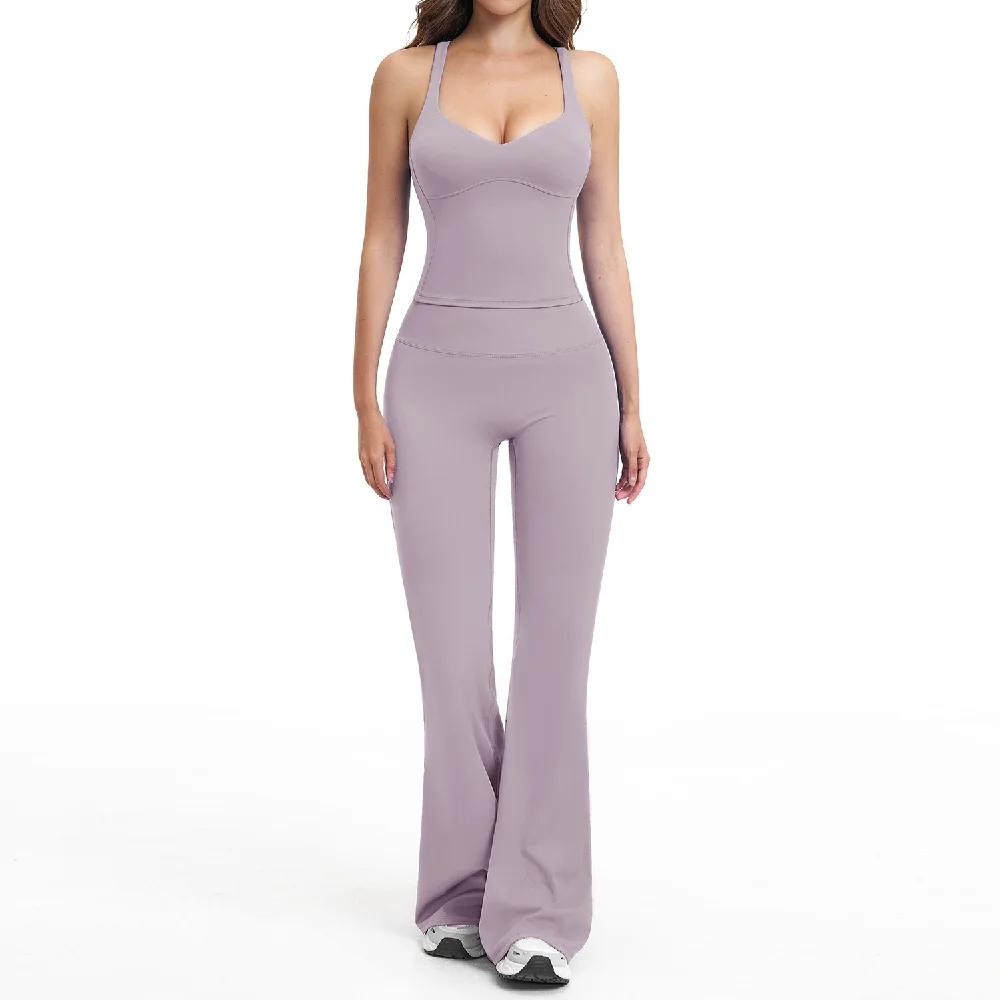 Ensemble de yoga 2 pièces pour femme : pantalon évasé et débardeur de sport antichoc – Tenue de spor