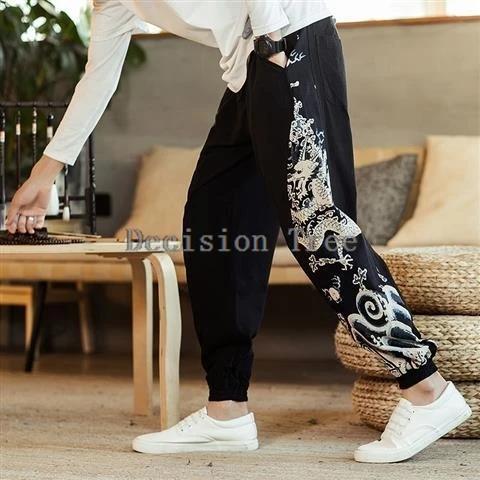Pantalon costume Tang homme style ethnique chinois - Dragon coton lin été décontracté