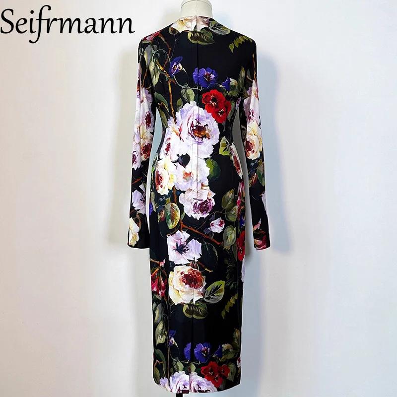 Seifrmann – robe en soie pour femmes, Style Sexy, manches longues, imprimé Vintage, coupe cintrée, p