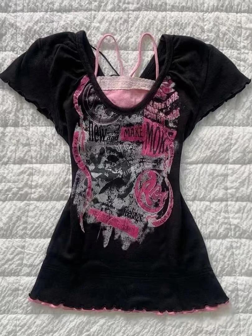 T-shirt gothique Hottie rose Femme manches courtes Streetwear Hip Hop rétro vêtements femmes t-shirt
