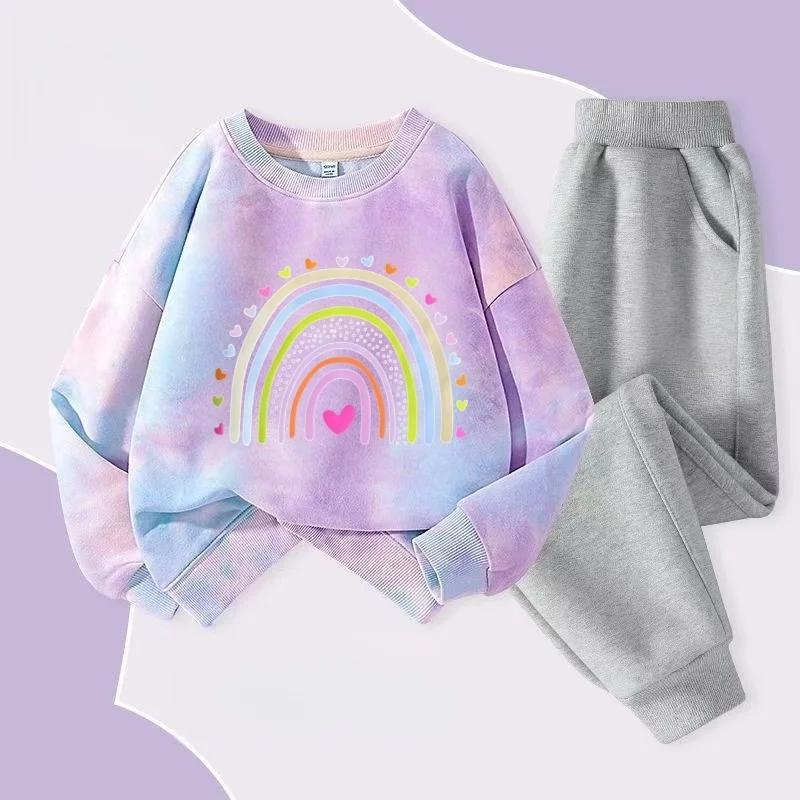 Automne bébé fille cravate colorant vêtements ensemble dessin animé imprimé pull sweats haut et pant