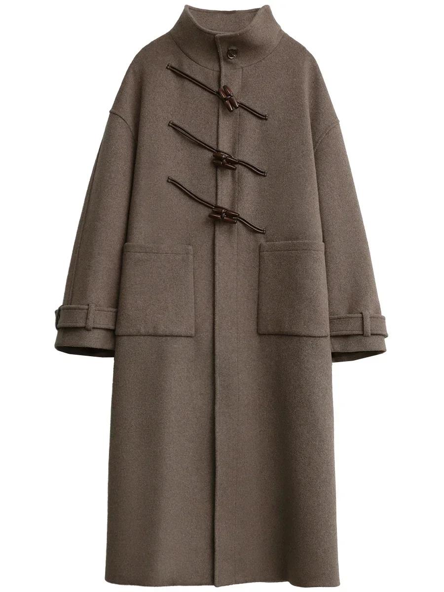 CHIC VEN-Pardessus long en laine boutonné pour femme, col montant, corne de vache, simple boutonnage