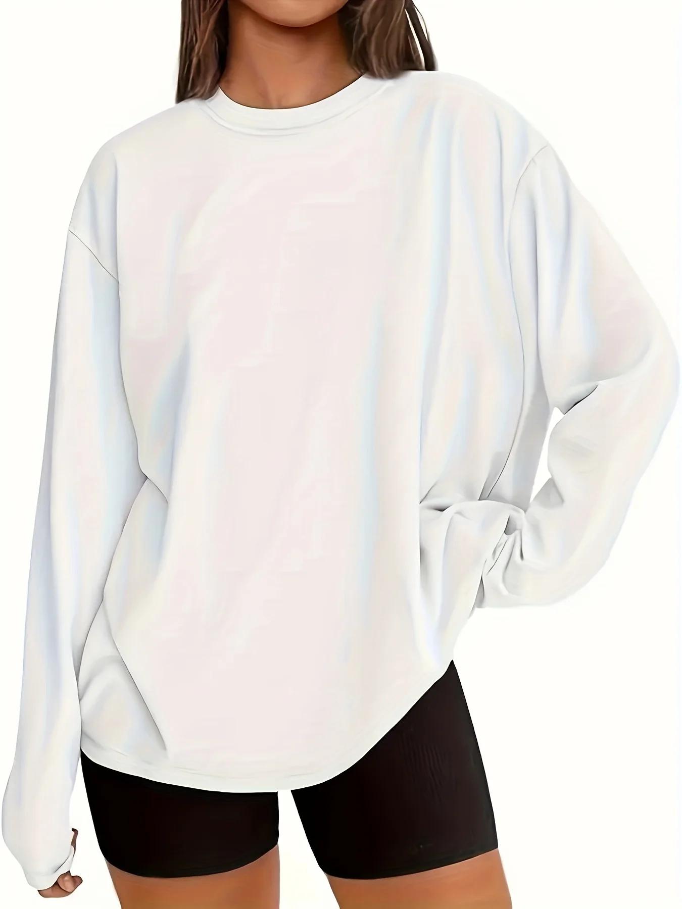 T-shirt à manches longues pour femmes, ample, col rond, polyvalent, blanc, 100% coton, confortable, 