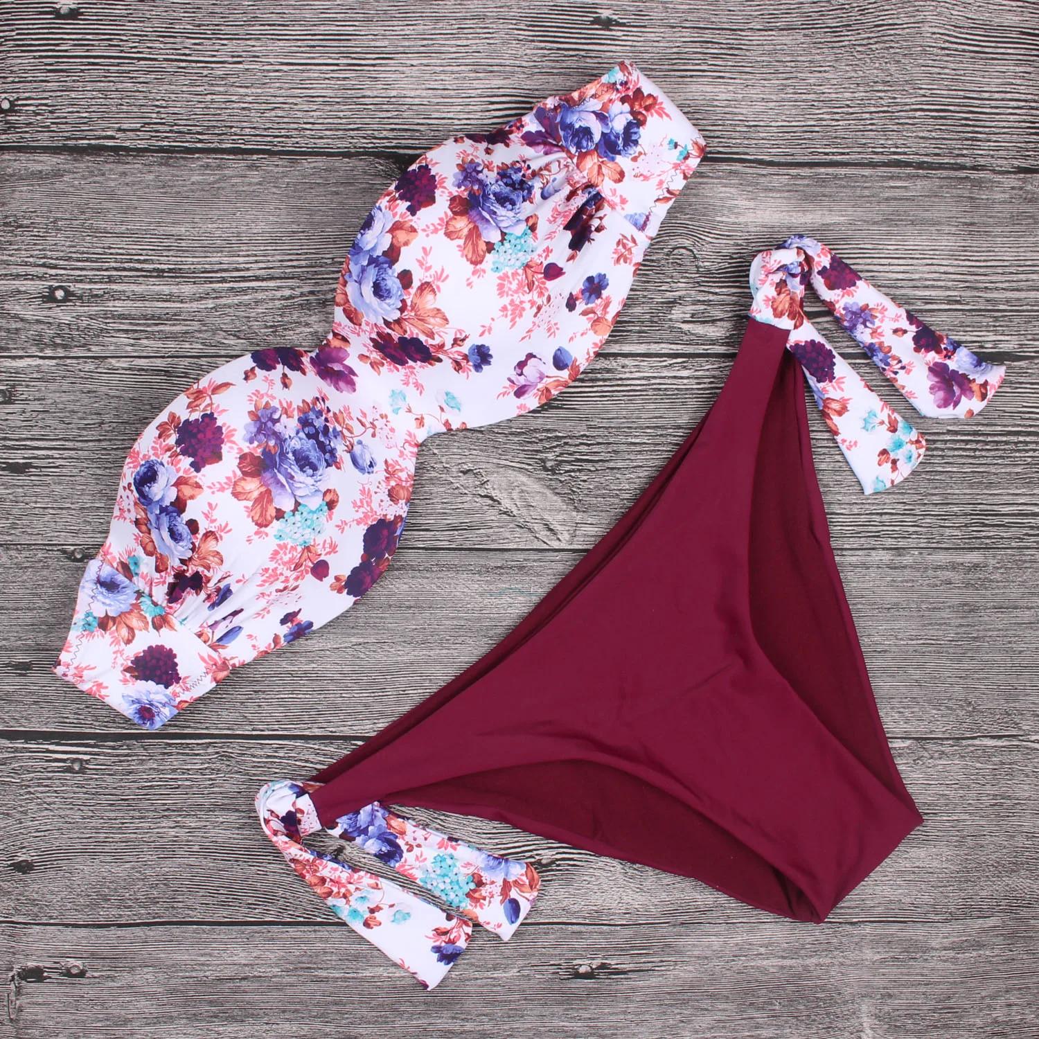 Maillot de bain brésilien sexy pour femmes, bikini push-up, col licou, style floral, vêtements de pl