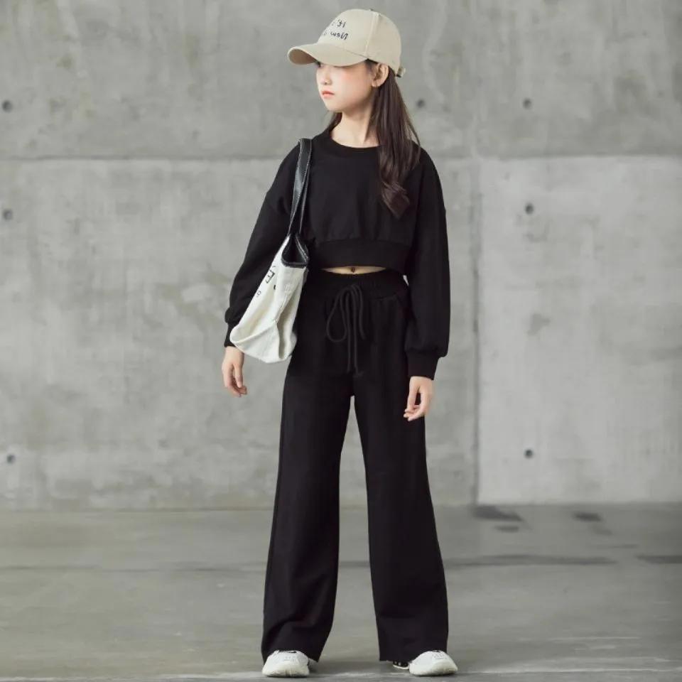 Ensemble de couleur unie pour filles, pull court à manches longues et pantalon, 2 pièces, nouvelle m