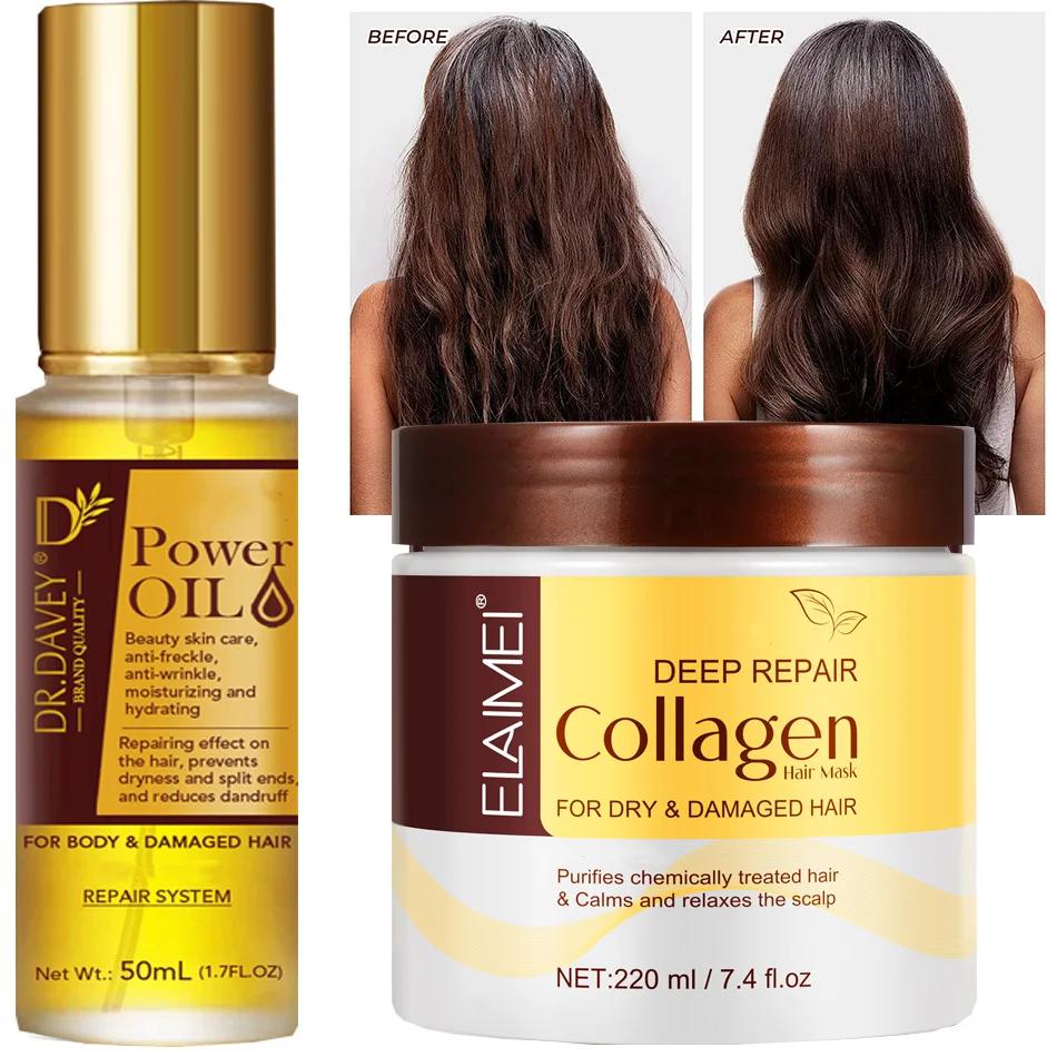 Huile de puissance 50ml et masque capillaire 220ml, prévient la sécheresse, pointes fourchues, répar