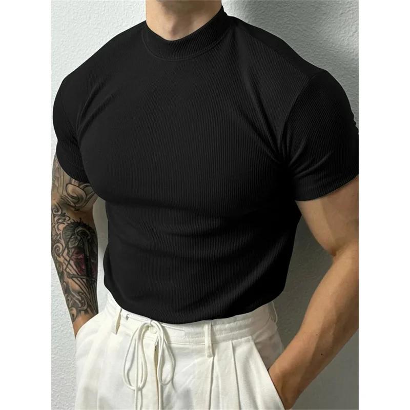 T-shirt sport homme rayé printemps été - Col haut élastique pour fitness et activités de loisirs