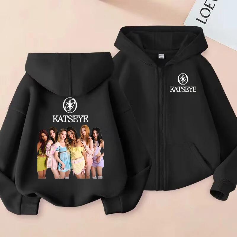 Vêtements pour petites filles, sweat-shirt à capuche avec fermeture éclair Katseye, sweat-shirt déco