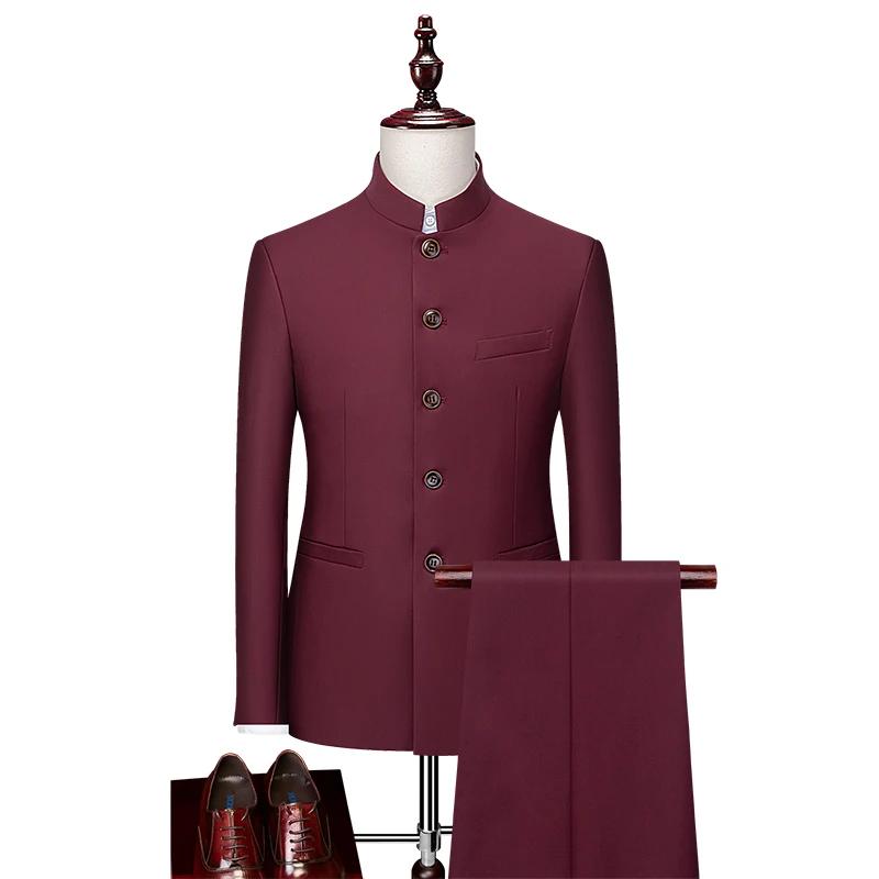 Zhongshan – costume d'affaires décontracté pour hommes, élégant, col montant, ensemble deux pièces, 