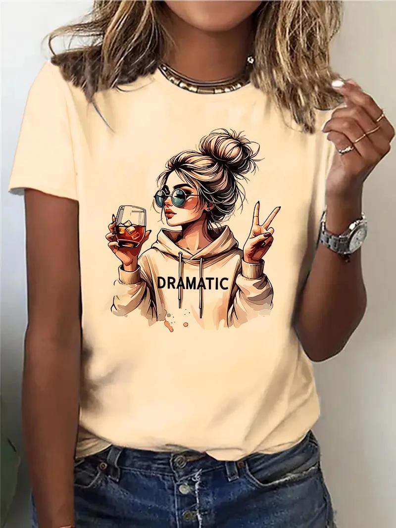 Streetwear années 90 femmes T-Shirt graphique décontracté "Dramatic" imprimé avec imprimé vin T-Shir