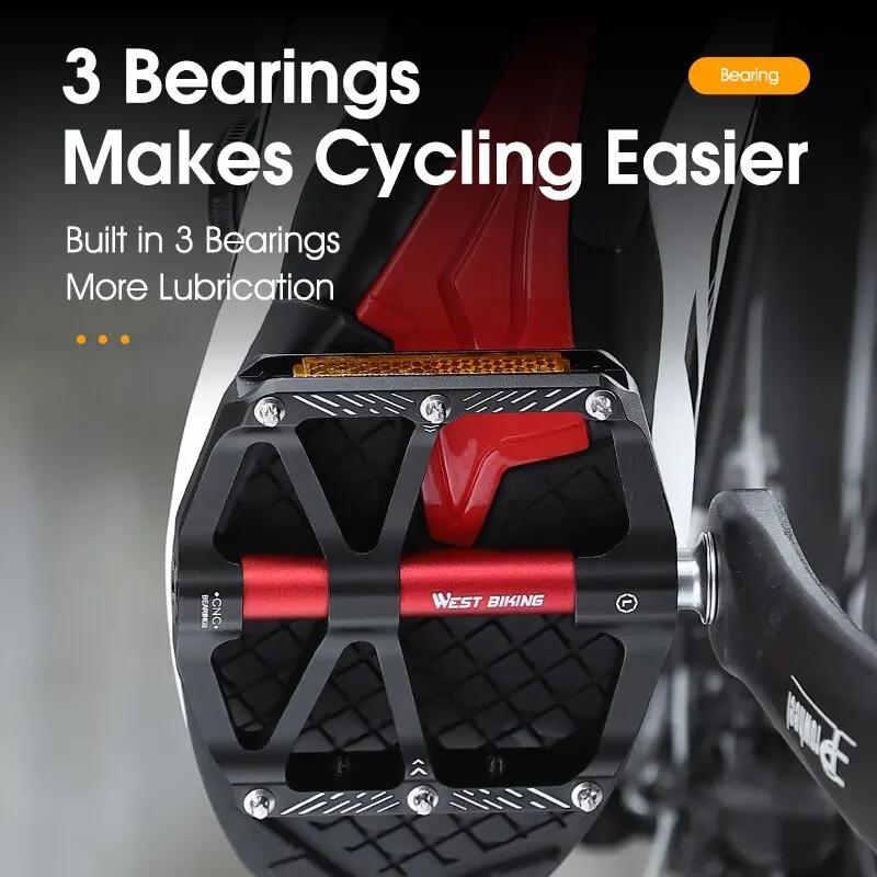 WEST BIKING-Pédales de vélo ultralégères CNC à 3 roulements, en alliage d'aluminium, pièces de cycli