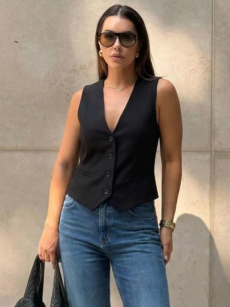 HH – gilet court sans manches pour femmes, élégant, mode, col en v, hauts à simple boutonnage, Slim,
