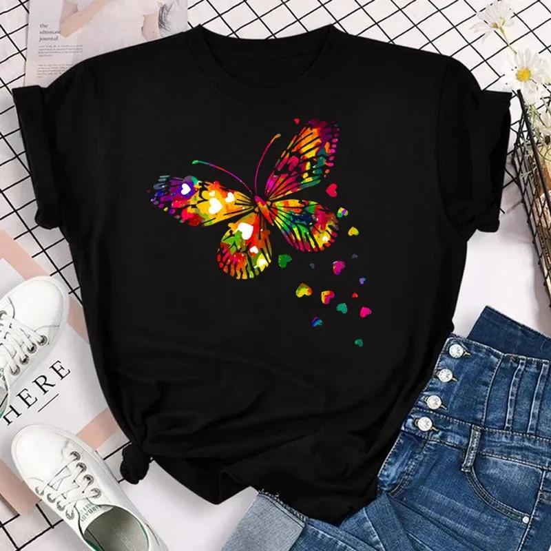Nouvelle mode femmes T-shirt coloré papillon pétale imprimé à manches courtes et col rond mignon gra