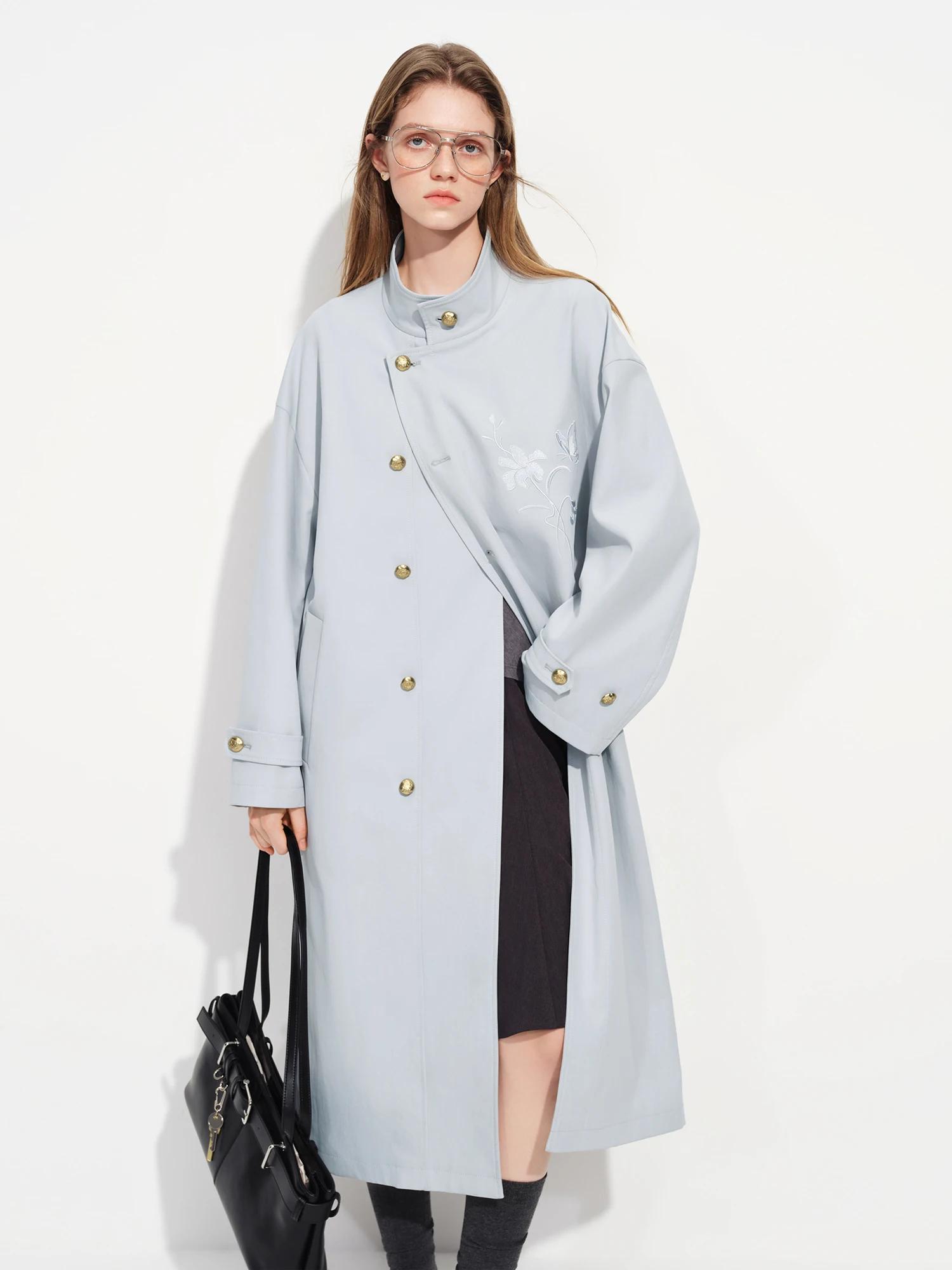 Manteau long kaki FSLE brodé de style chinois à col montant classique pour femme, collection Printem