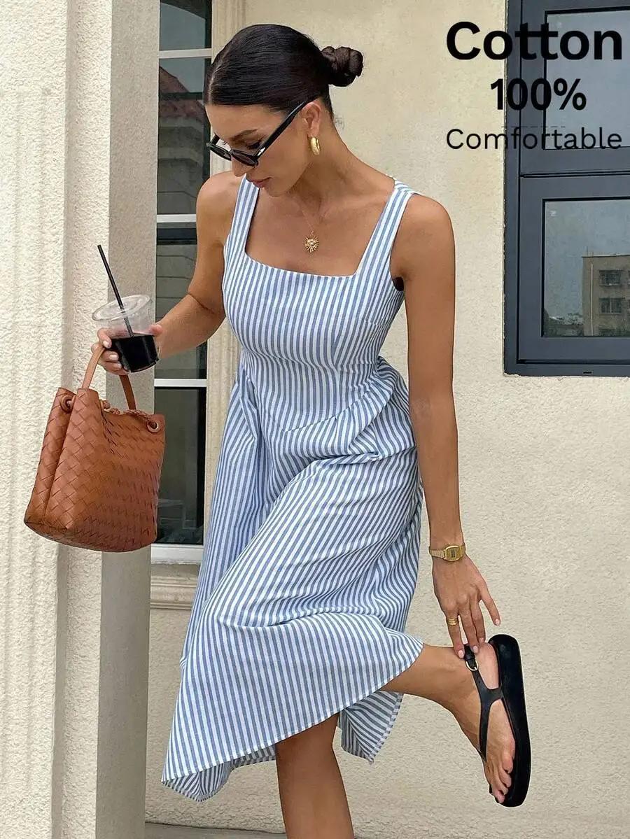 Robe midi sans manches à col carré rayée bleu et blanc pour femmes en coton