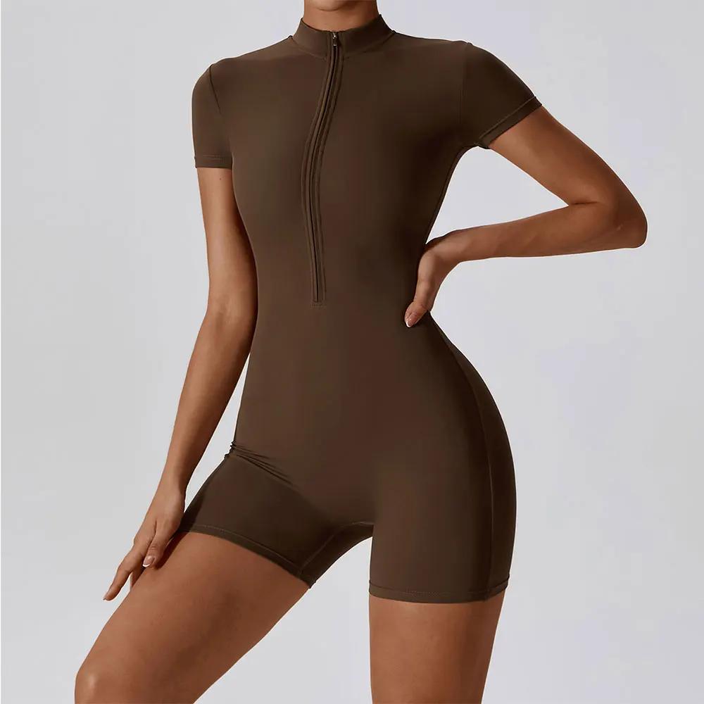 Ensemble de Yoga une pièce pour femmes, fermeture éclair, manches courtes, vêtements d'entraînement,