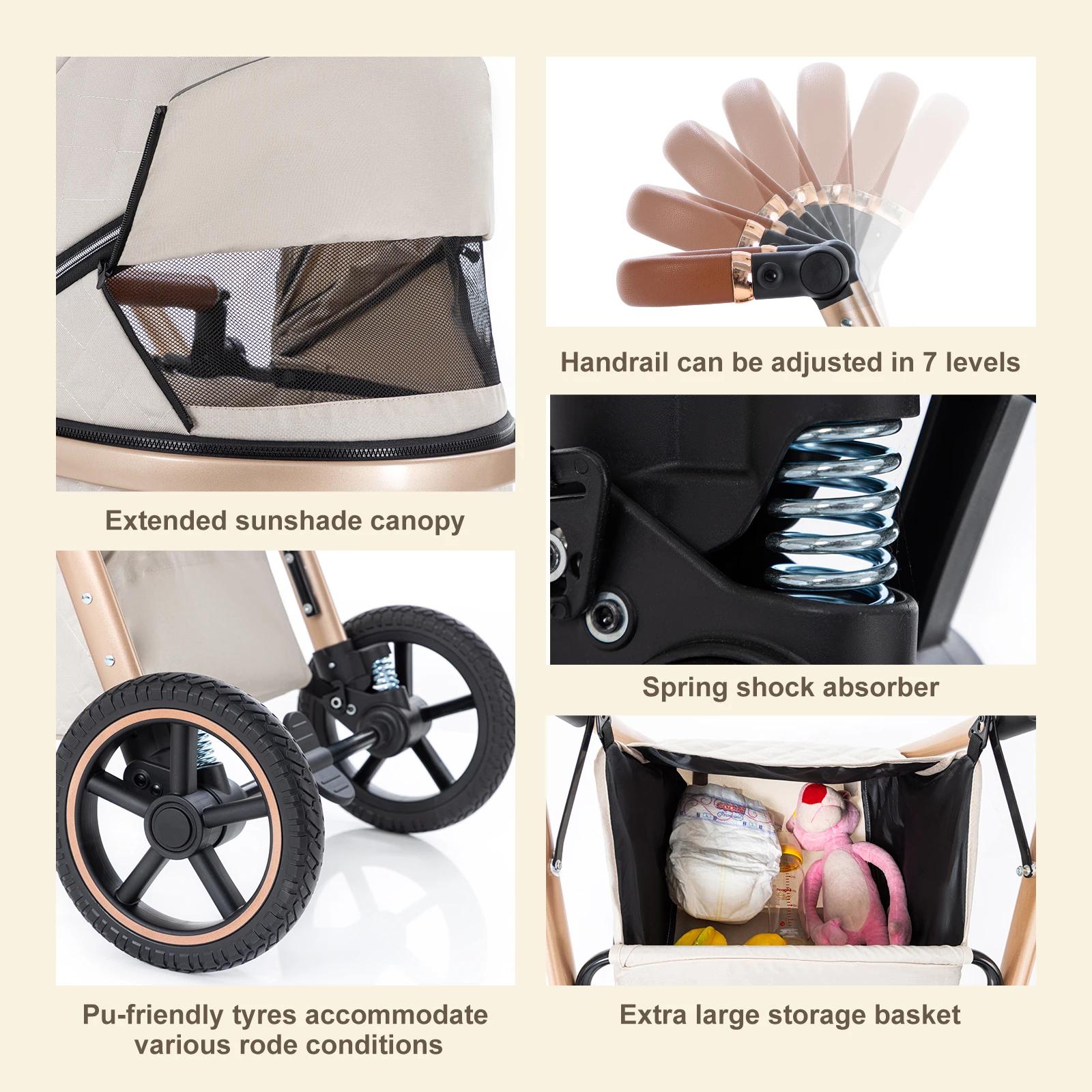 Poussette de luxe 3 en 1, portable, pliable, pour nouveau-né, avec poignée réglable, possibilité d'a