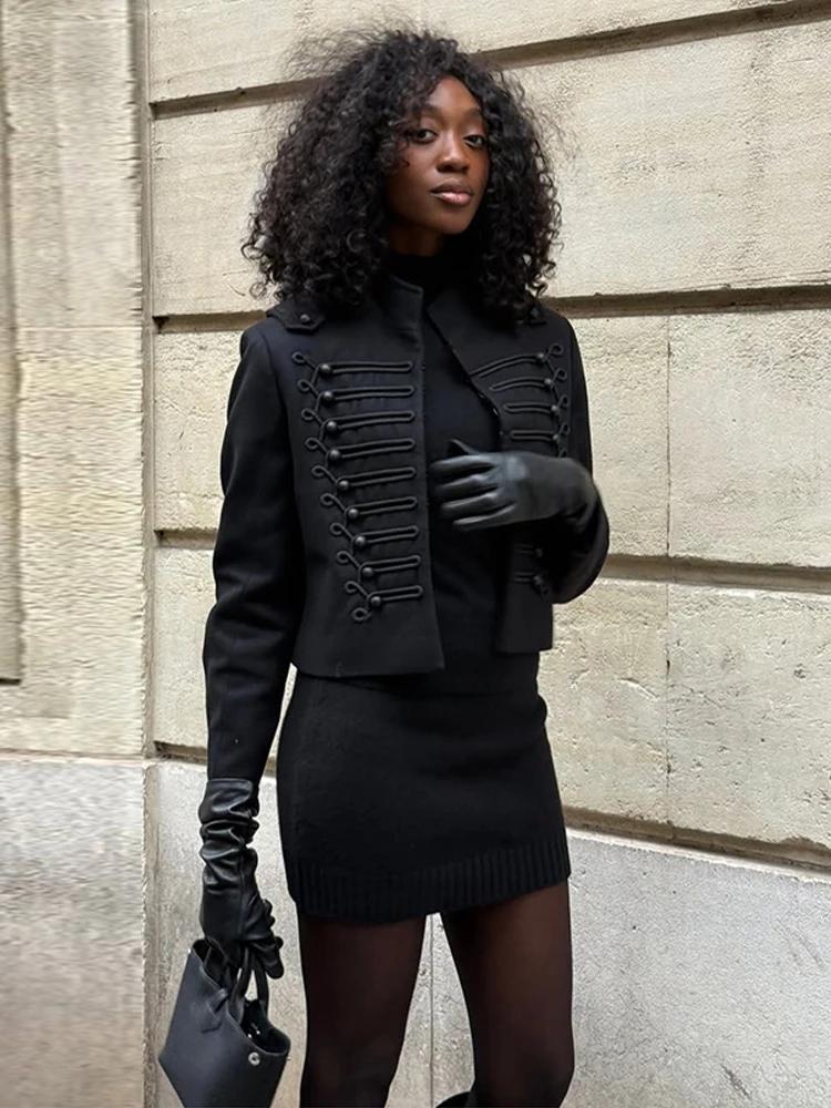 Veste Napoléon Chic pour Femme à Manches Longues, Col Montant et Boutons Cachés – Manteau Féminin Te