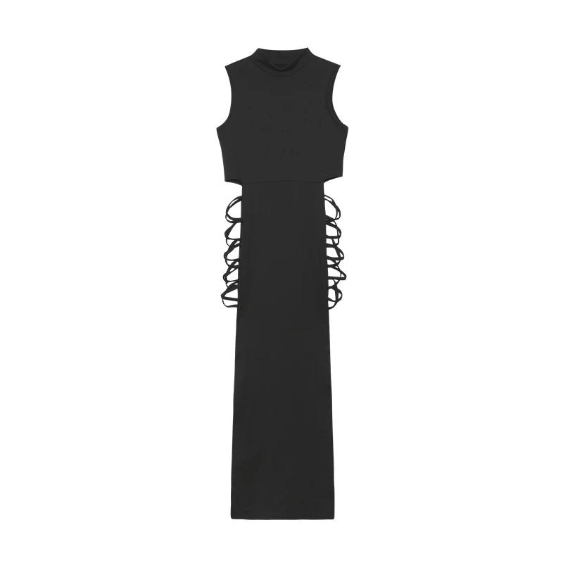 Robe à découpes croisées pour femmes, robe en fibre à col montant avec batterie sexy, vêtements pour