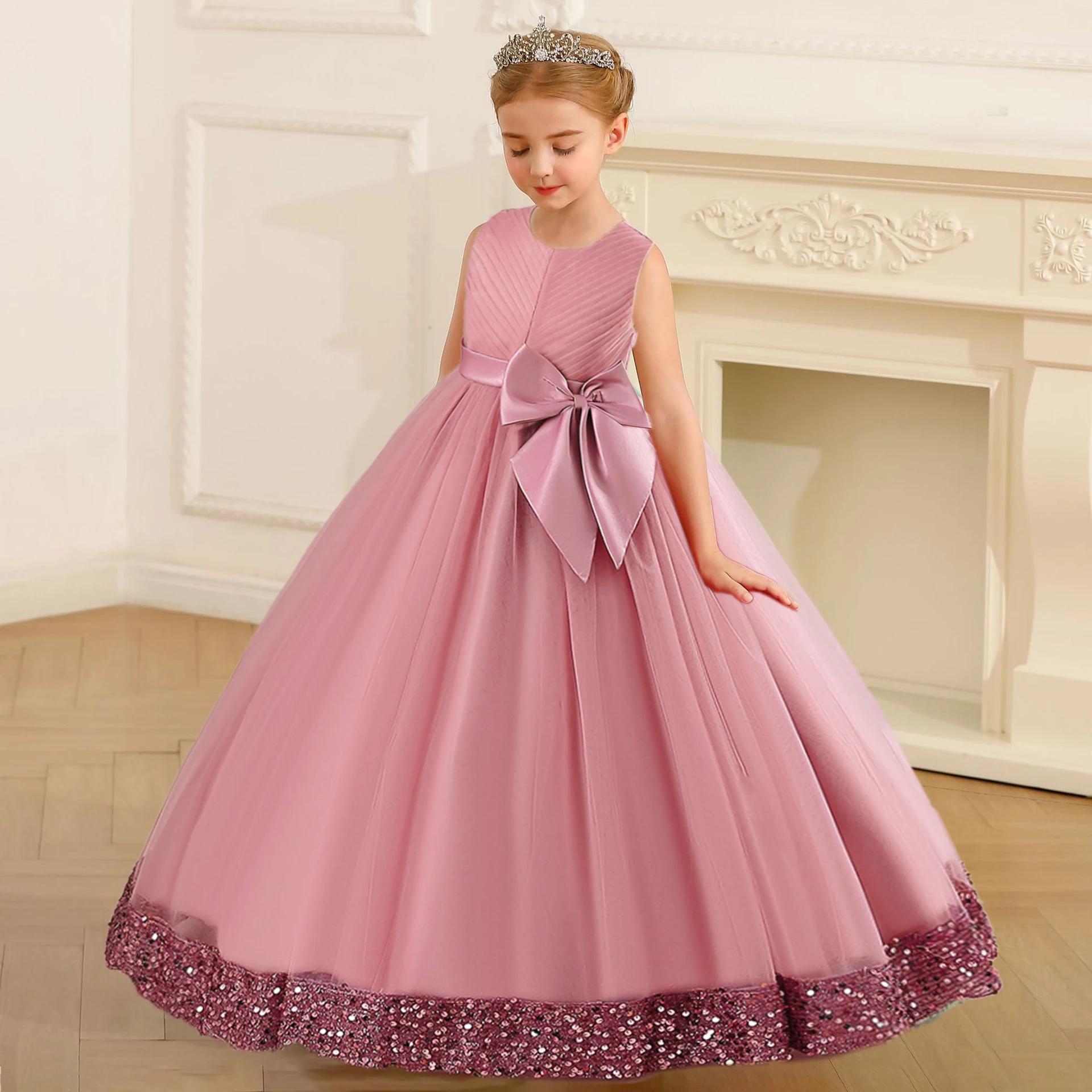 Robe princesse de demoiselle d'honneur à paillettes moelleuses pour filles, avec nœud élégant, rose,