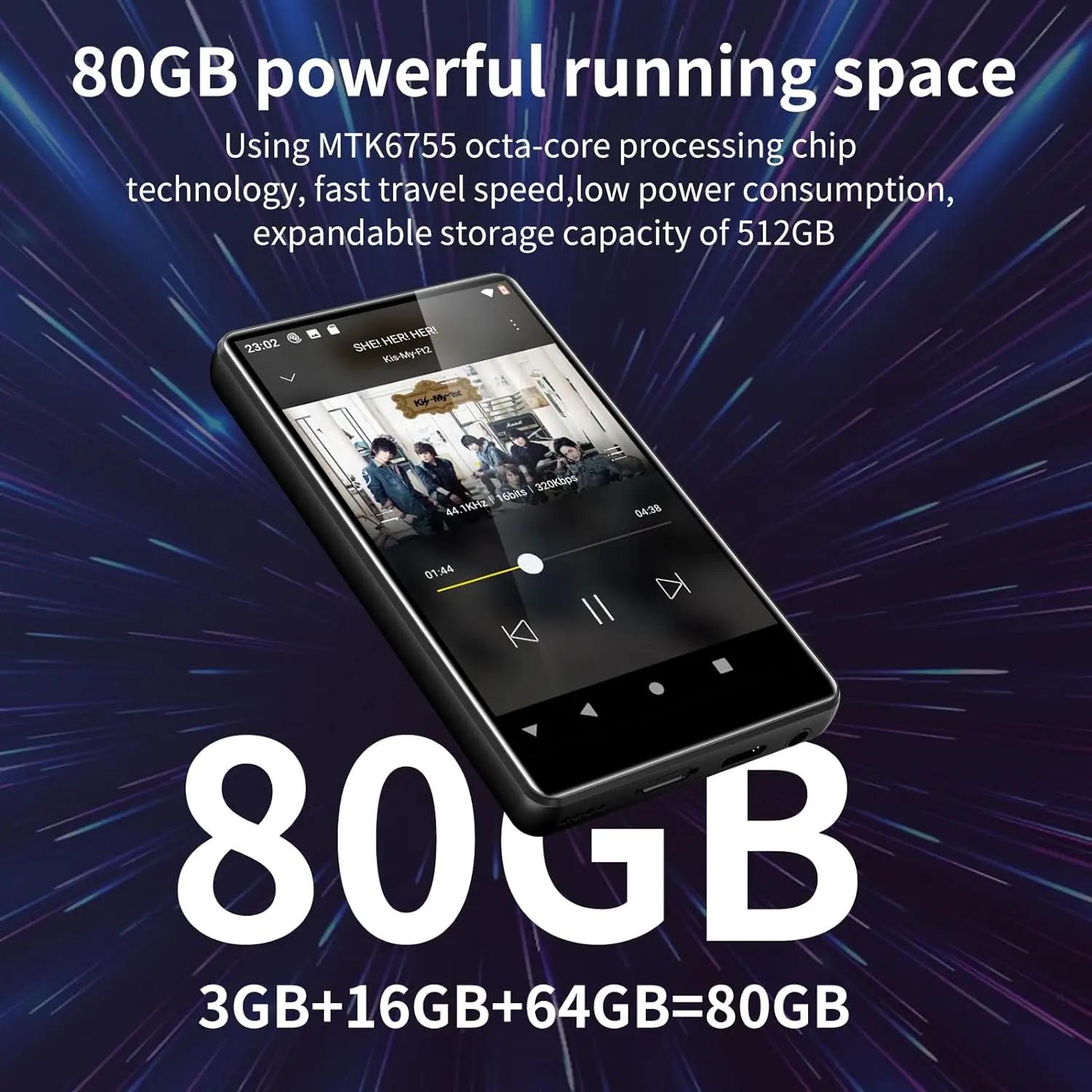 Lecteur MP3 80 Go (64 Go + 16 Go) pour Android avec Bluetooth et WiFi, écran tactile complet de 4,0 