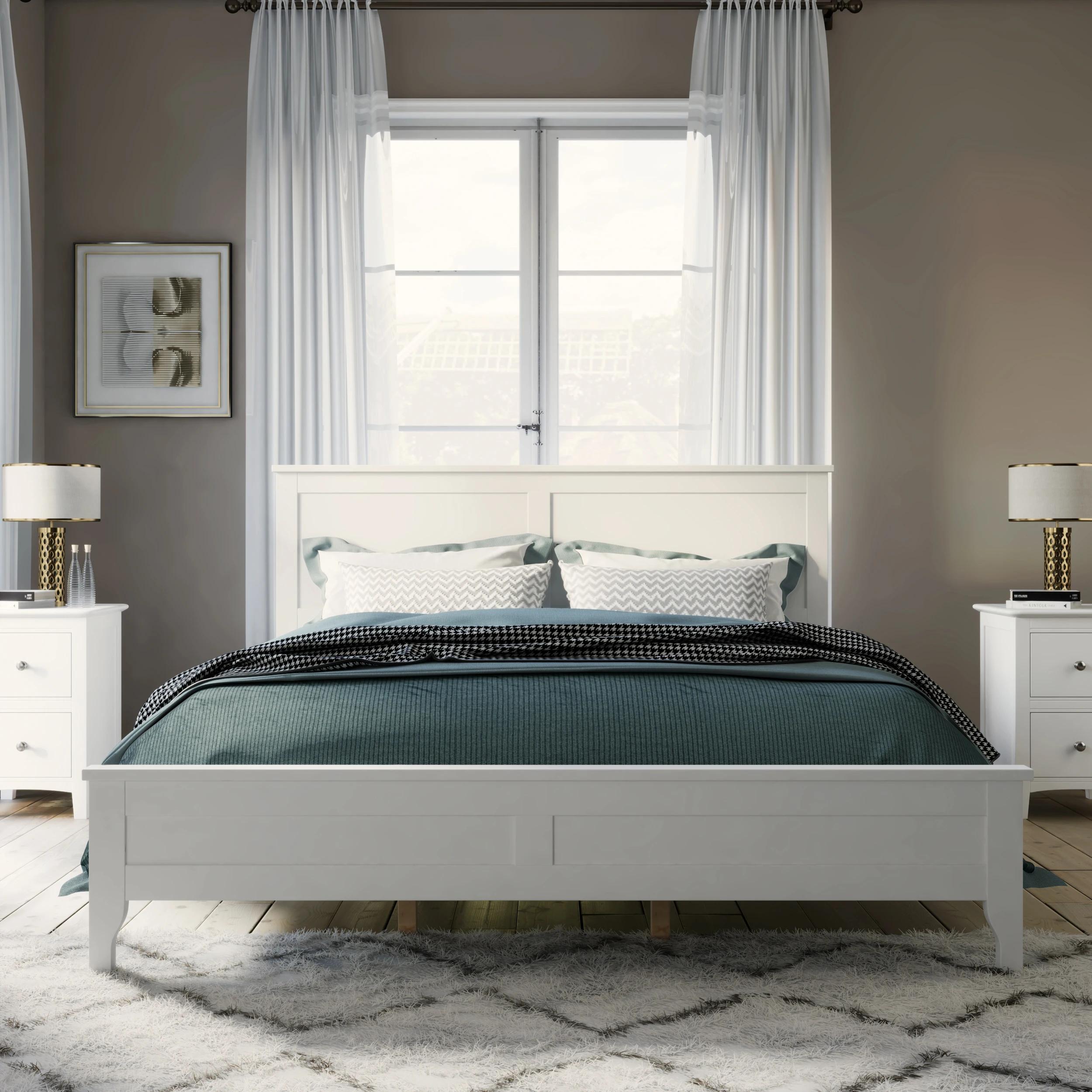 Lit à plateforme moderne en bois massif blanc, queen size
