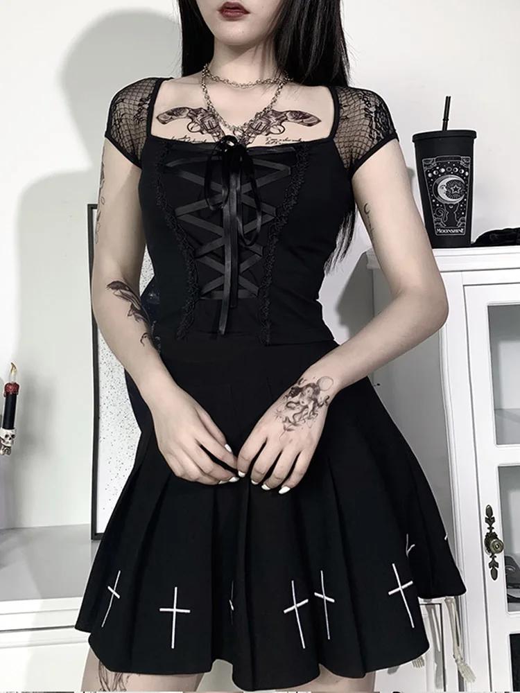 T-shirt gothique Vintage pour femmes, moulant, Bandage, dentelle, maille noire, Sexy, décontracté, g