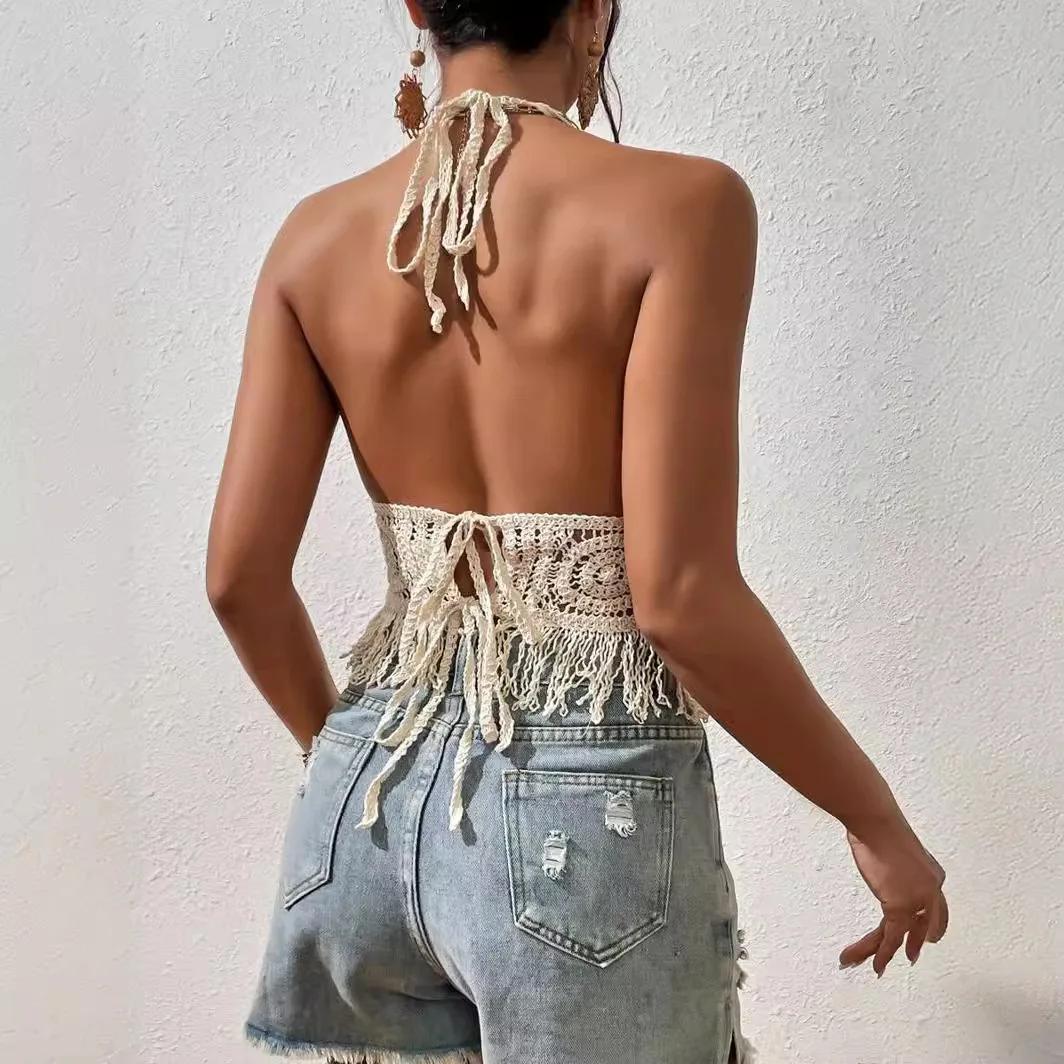 Femmes été plage Boho culture hauts Sexy Y2K tricoté dos nu évider débardeurs Crochet glands ourlet 