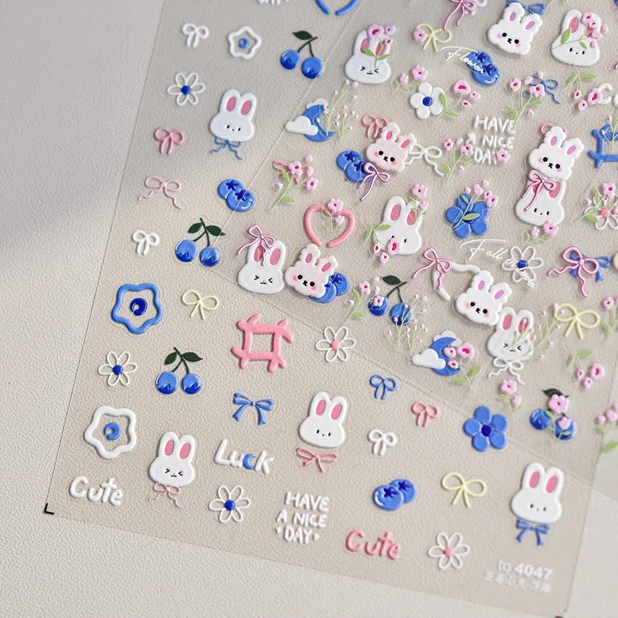 Autocollants pour ongles lapin 5D Kawaii, 1 pièce, dessin animé japonais, fleur rose bleue, adhésif,