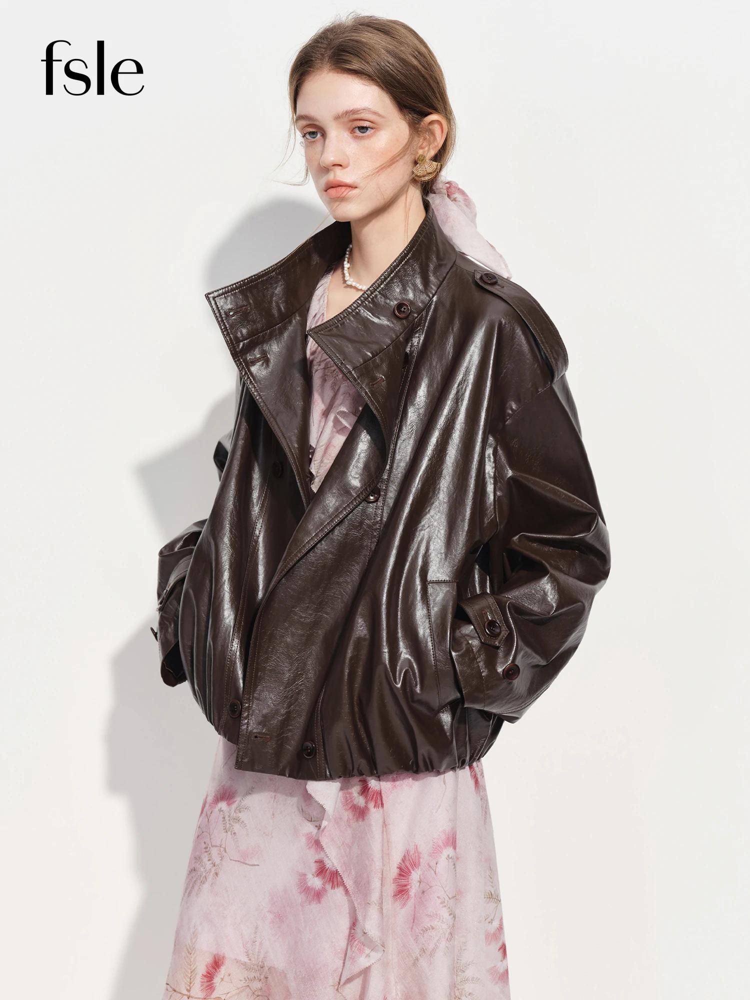 FSLE【Série Premium】Manteau court oversize pour femme en simili cuir marron avec ceinture, veste coup