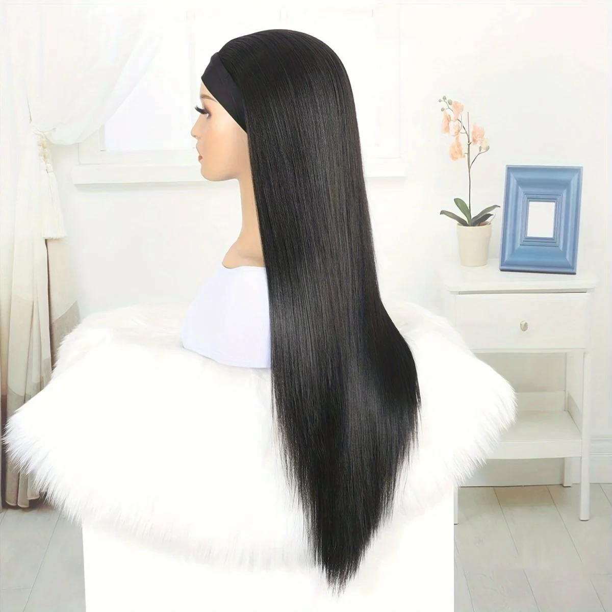 28 pouces bandeau perruque noir résistant à la chaleur cheveux synthétiques femmes bandeau perruque 