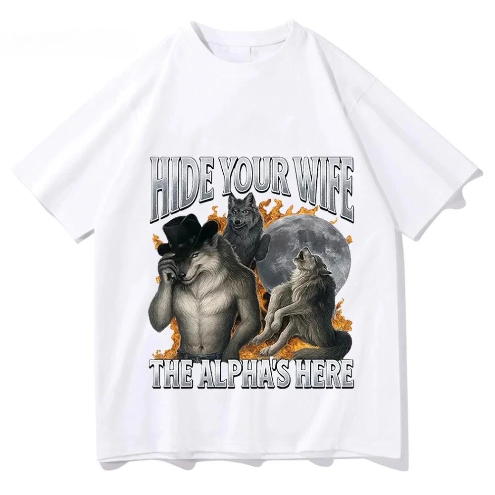 Cachez votre femme, l'alpha-loup arrive ! T-shirt Meme Loup-Garou Amusant, Chemise à Manches Courtes
