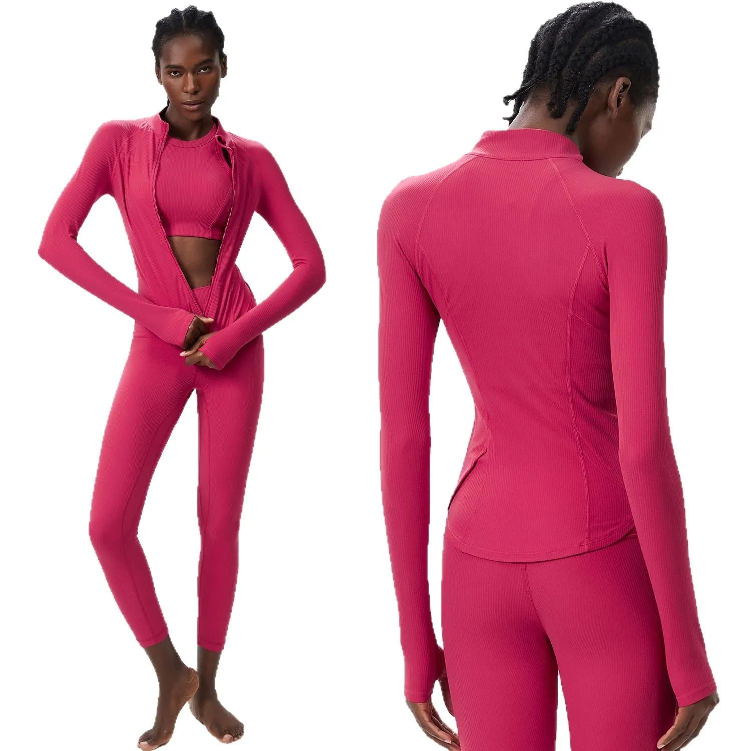 Ensemble yoga 3 pièces femme couleur unie côtelé - Combinaison manches longues respirante pour gymnastique et running