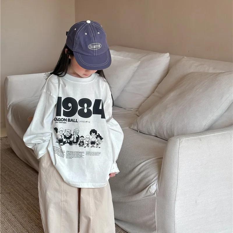 T-shirt manches longues col rond pour enfants, ample, en coton, avec lettres de dessin animé, printe